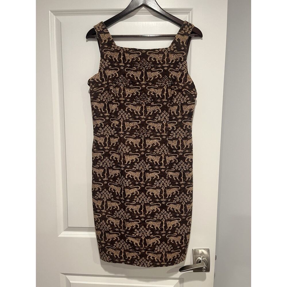 Maggie London VTG sheath jacquard dress Sz. 12 brown gold leopard print cotton